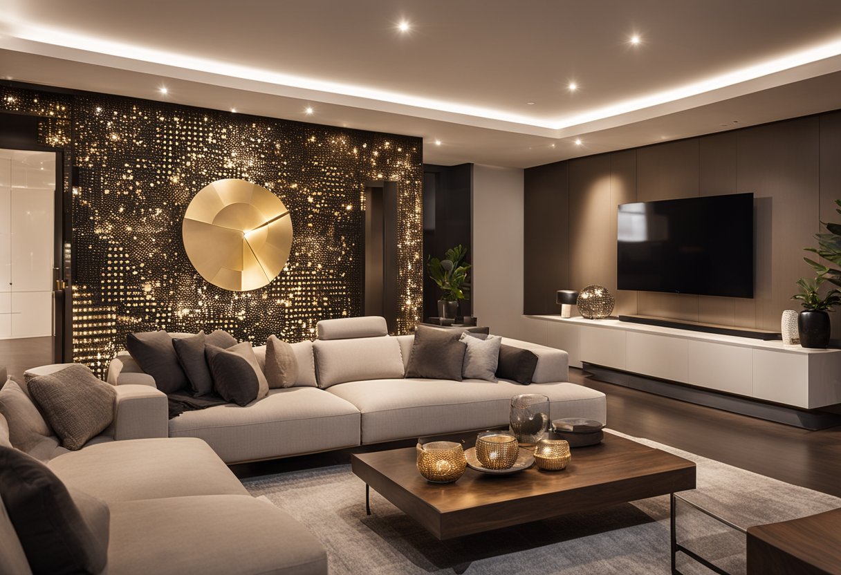 A modern living room with strategically placed downlights highlighting artwork and creating a warm, inviting ambiance. Innovative design and installation tips are evident in the seamless integration of the downlights into the room's architecture