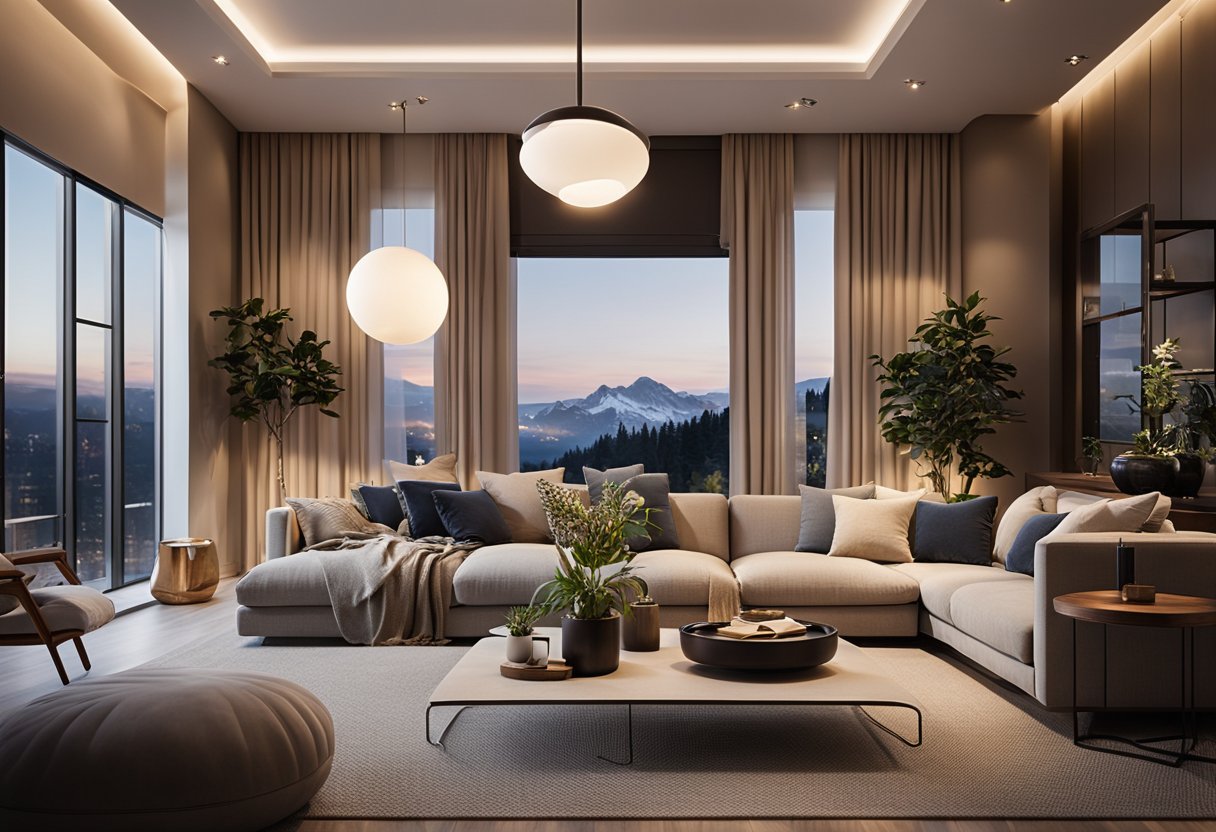 A cozy living room with a modern downlight design, casting a warm and inviting glow. The room is furnished with comfortable seating and stylish decor