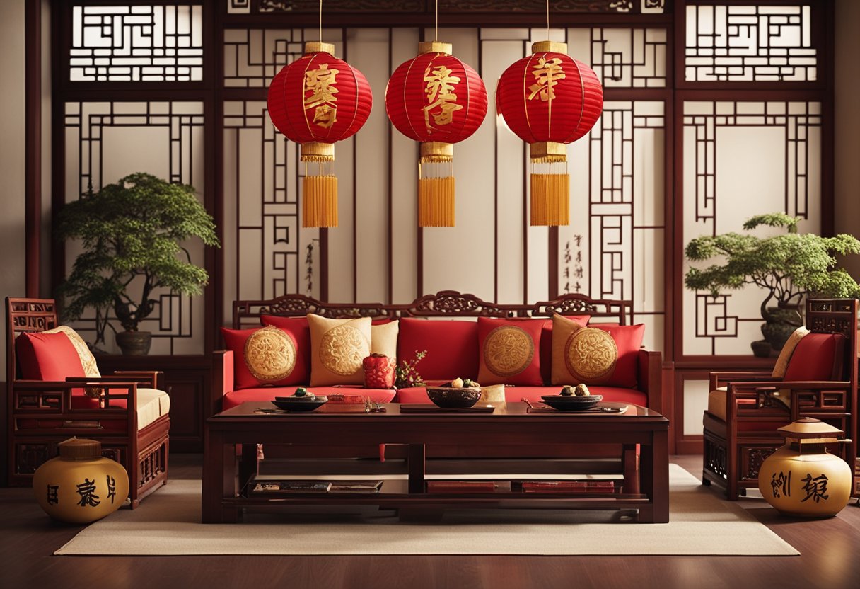 A traditional Chinese living room with ornate wooden furniture, a red and gold color scheme, paper lanterns, and calligraphy artwork on the walls