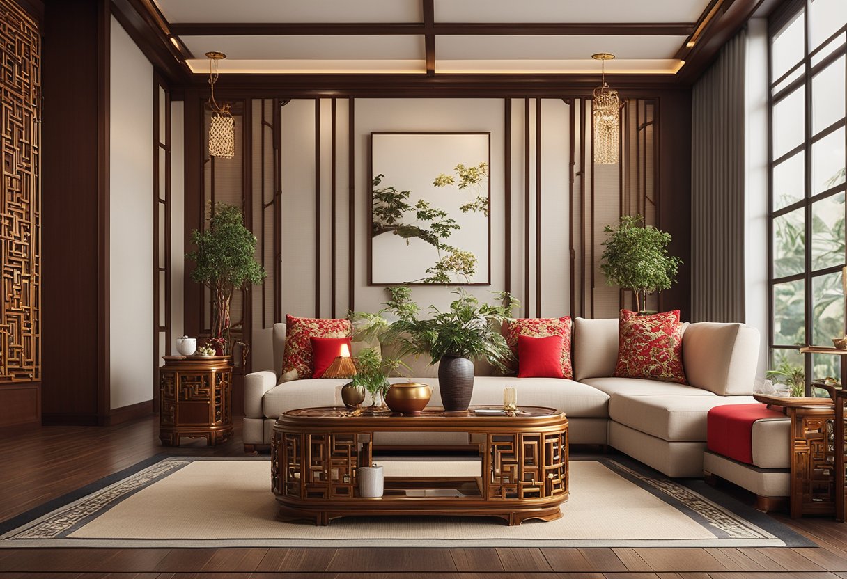A Chinese living room with traditional furniture, a low coffee table, red and gold accents, intricate patterns, and natural elements like bamboo and wood