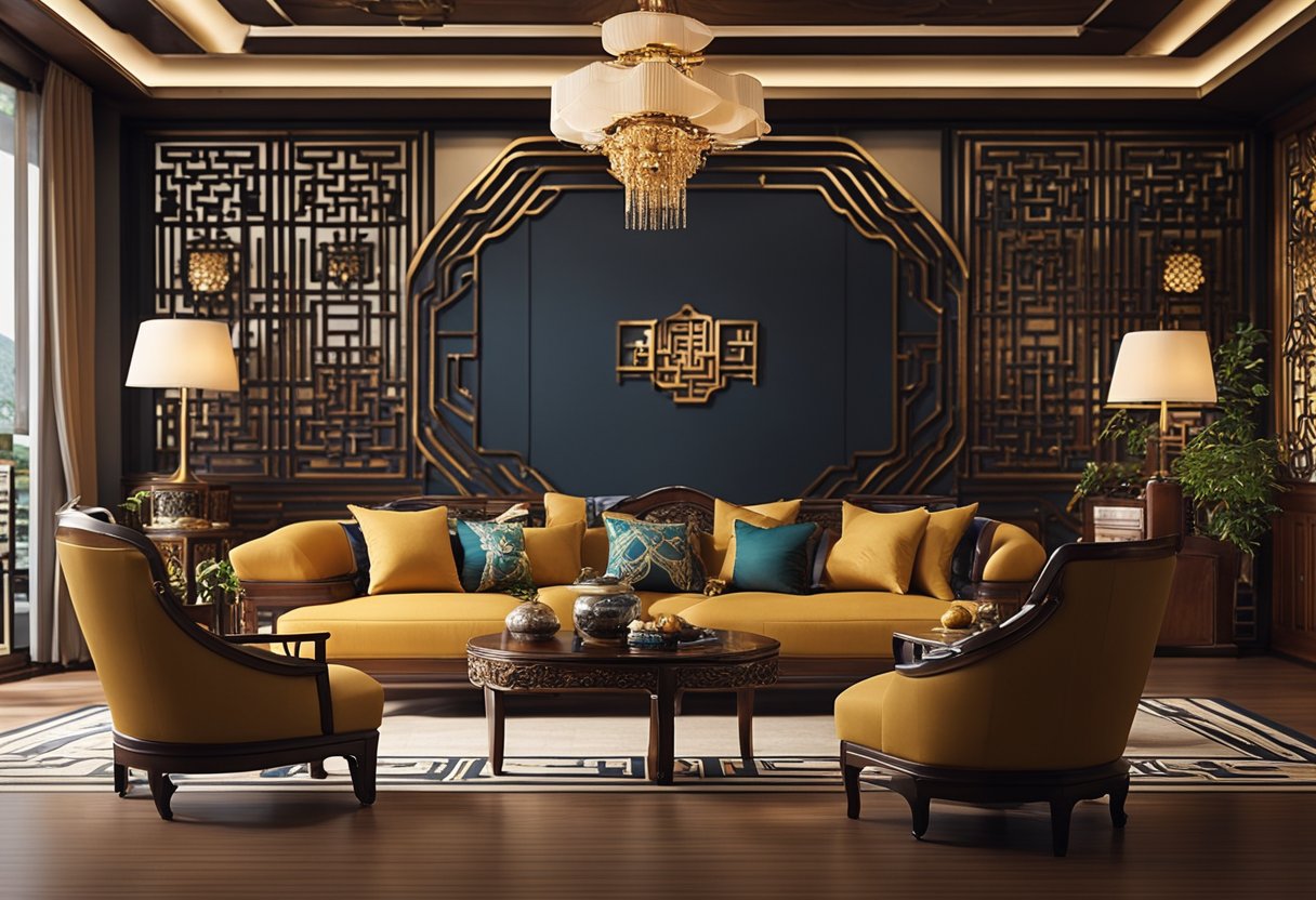 A Chinese living room with ornate decorative elements and traditional furniture. Rich colors, intricate patterns, and elegant details fill the space