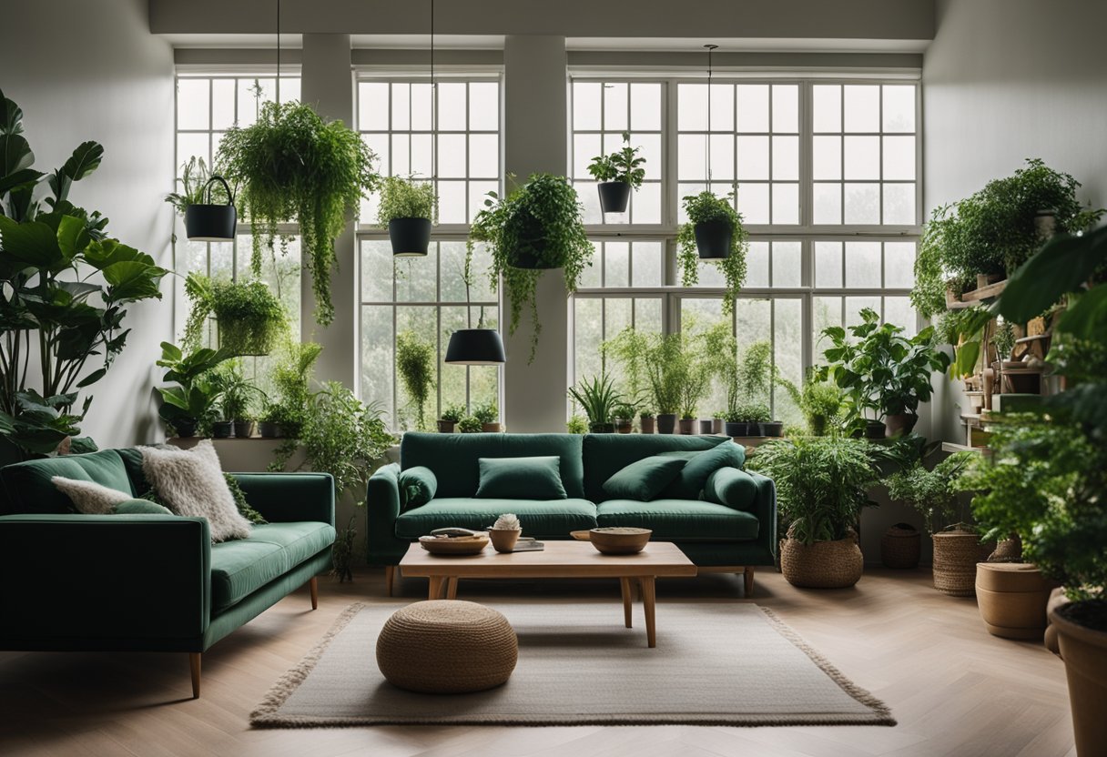 A garden living room with a cozy sofa, green plants, and natural light pouring in through large windows