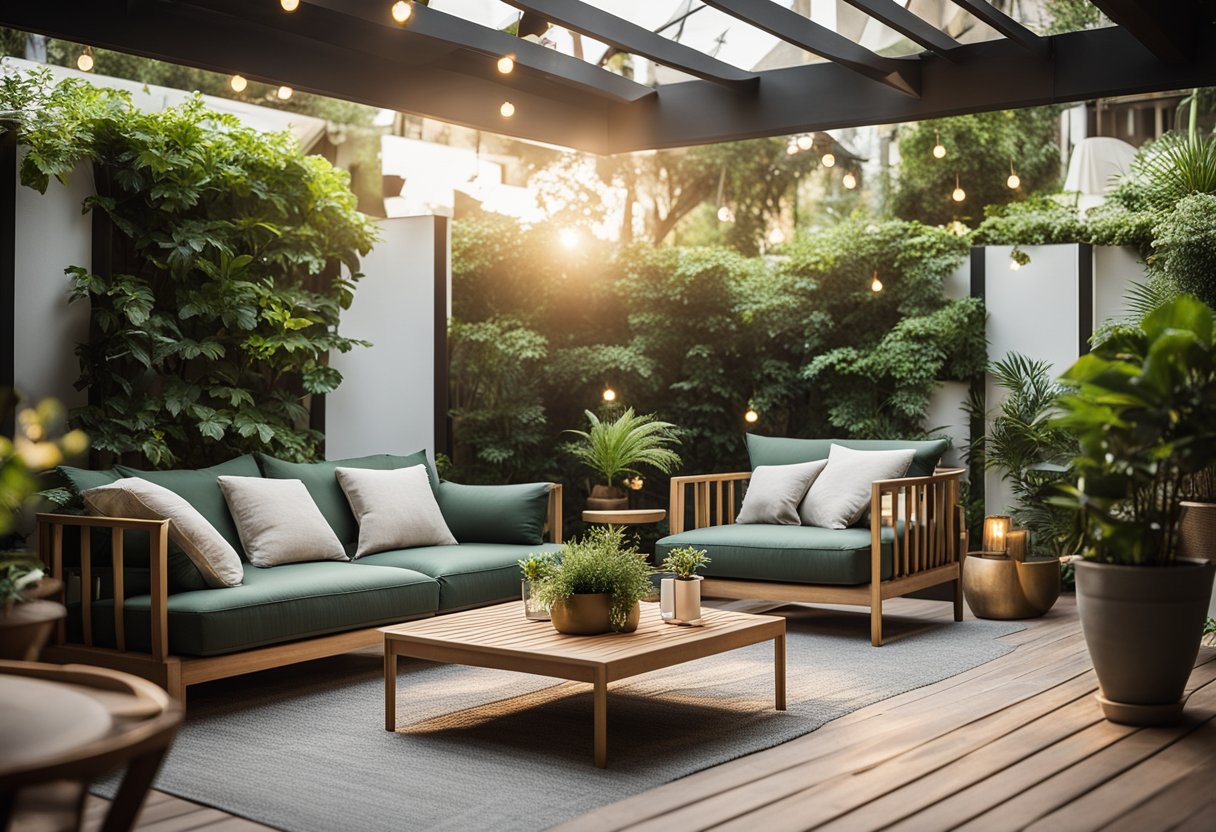 A garden living room with modern furniture, lush greenery, and soft lighting creates a harmonious blend of functionality and aesthetics