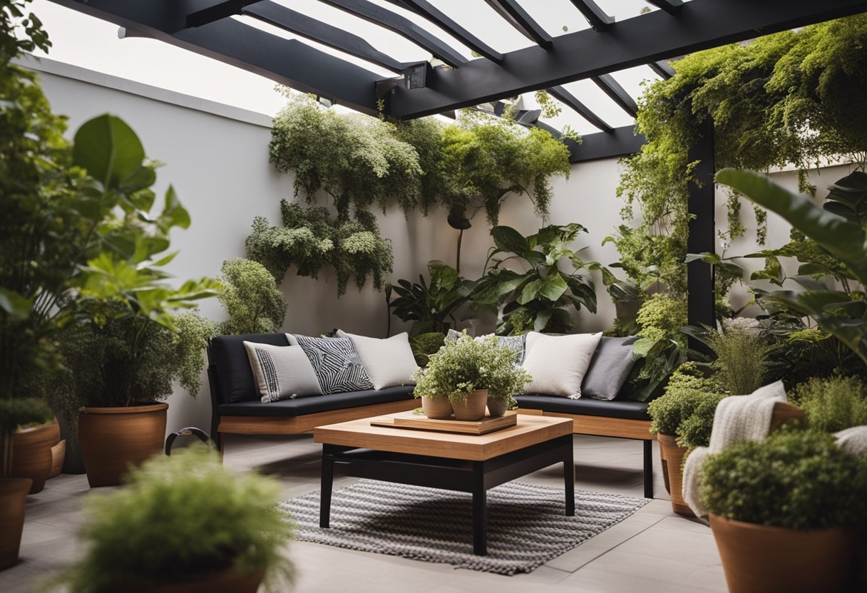 A cozy garden living room with comfortable seating, vibrant greenery, and a pergola overhead. A small table in the center holds a stack of design magazines and a potted plant