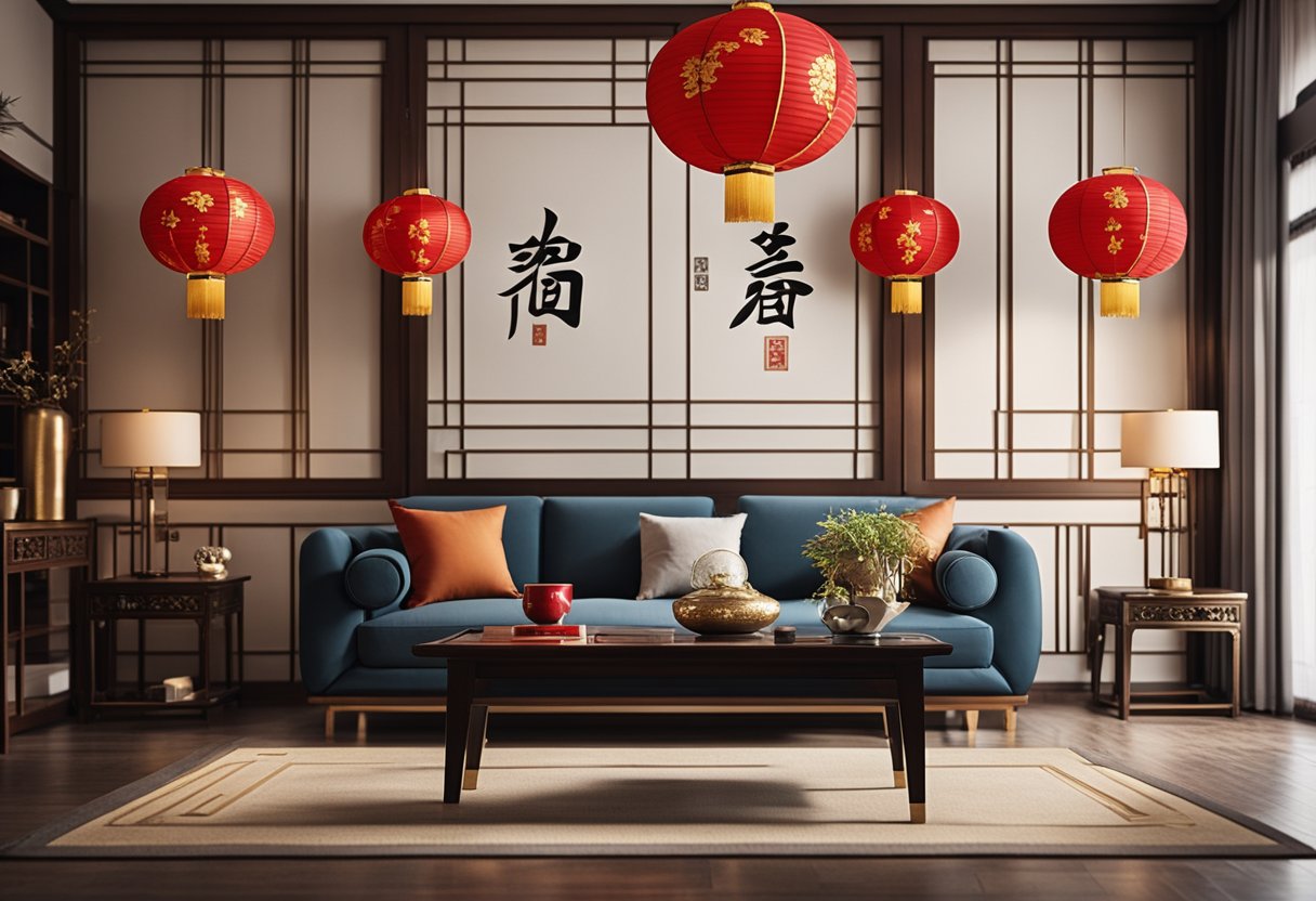 A modern Chinese living room with traditional furniture, red and gold accents, paper lanterns, and a large calligraphy artwork on the wall
