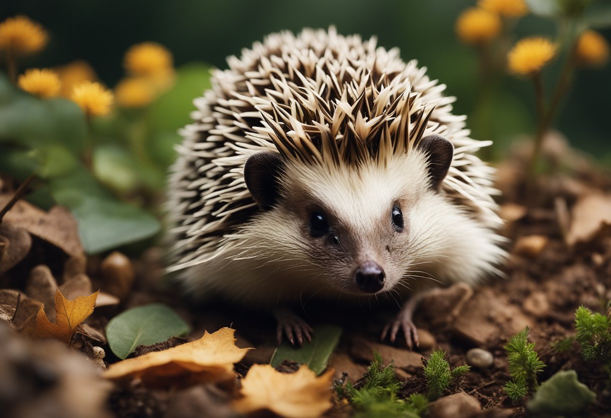A hedgehog surrounded by various natural resources, including leaves, twigs, and small rocks, with its quills clearly visible