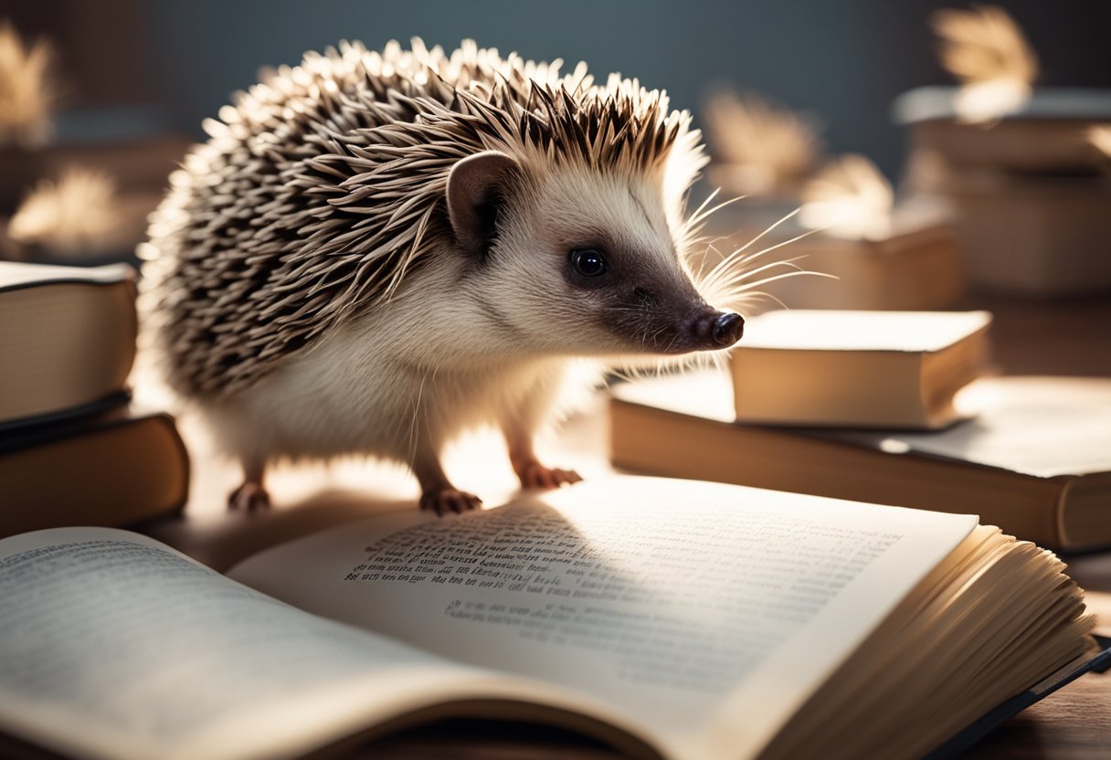 A hedgehog stands on its hind legs, surrounded by question marks and quills scattered around, as it looks curiously at a book titled "Do Hedgehogs Have Quills?"
