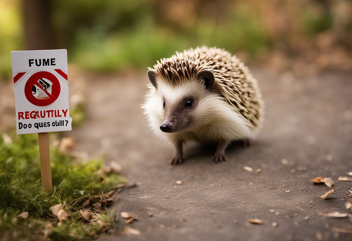 A hedgehog with quills stands next to a sign that reads "Frequently Asked Questions: do hedgehogs have quills?"