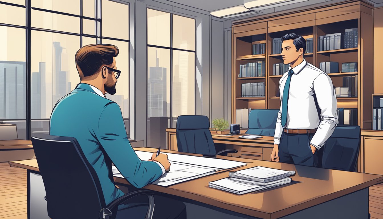 A sleek, modern office setting with a banker discussing terms with a business owner. The banker is presenting documents and the business owner is listening attentively