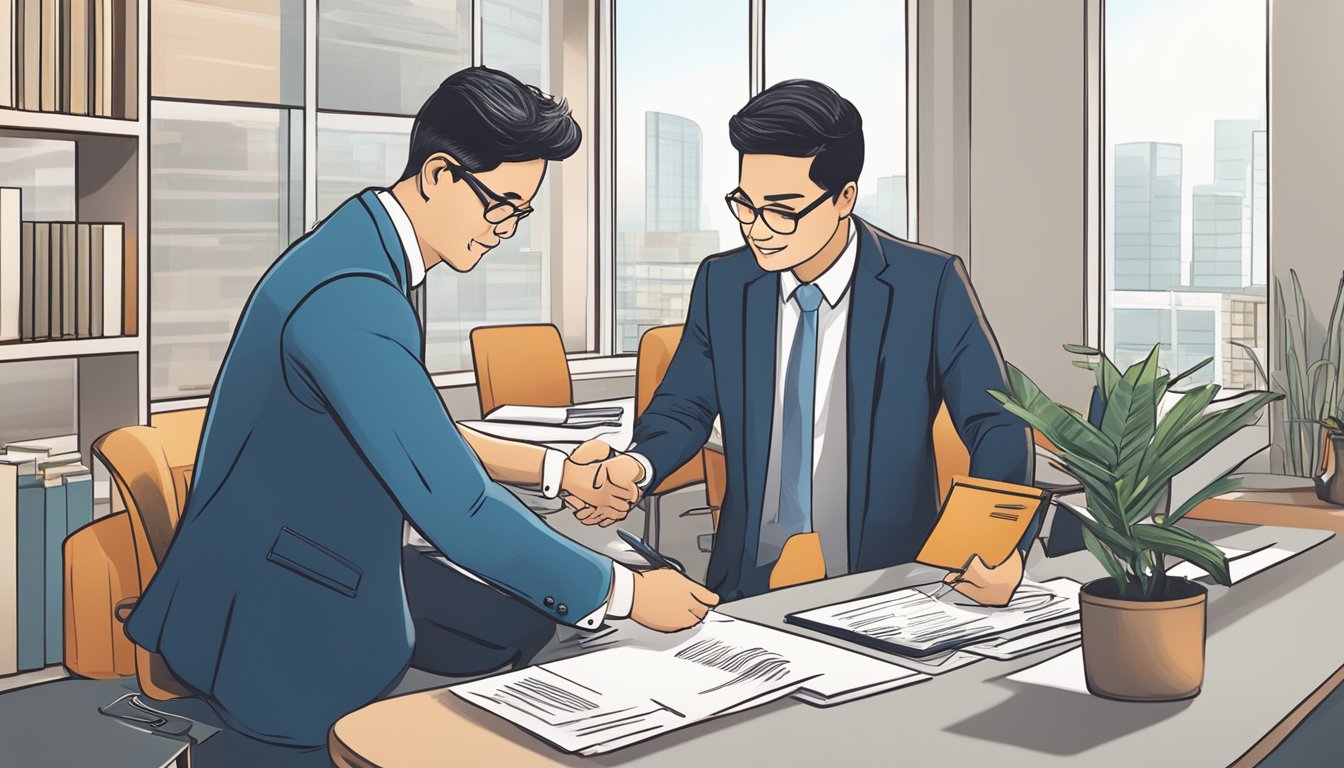 A business owner signing a loan agreement with an OCBC banker, exchanging documents and shaking hands in a professional office setting