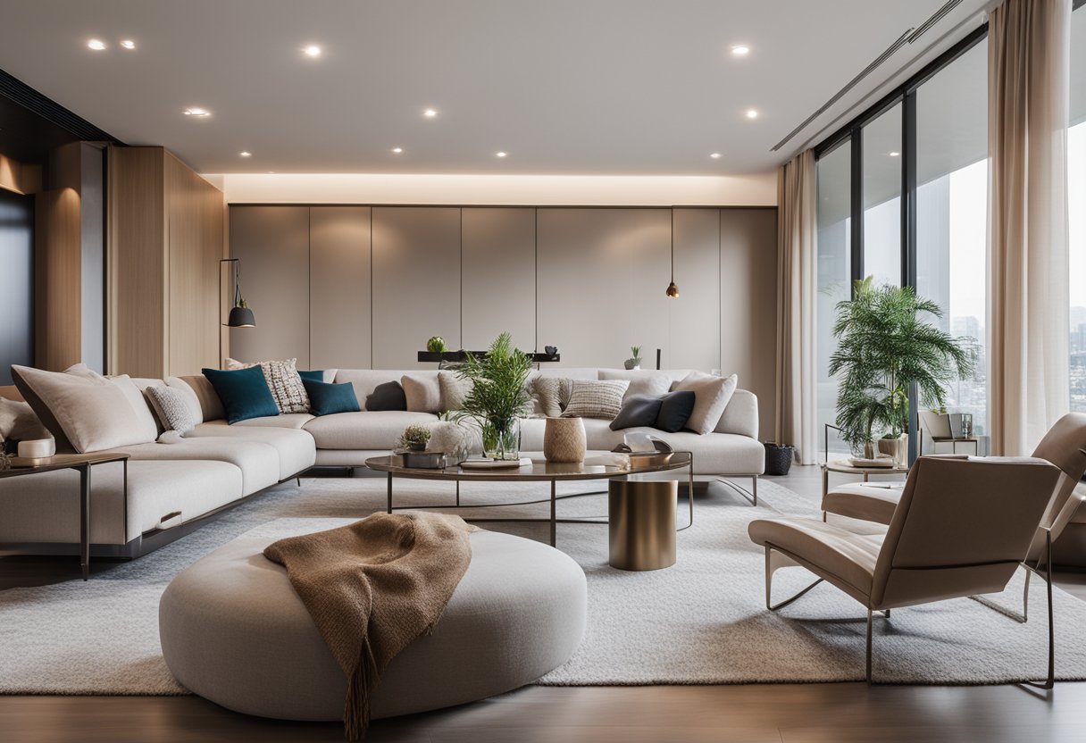 A modern living room with sleek furniture, neutral colors, and large windows letting in natural light