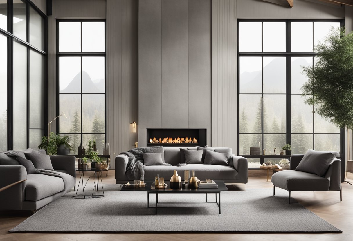 A cozy grey living room with a large, comfortable sofa, soft area rug, and modern coffee table. A fireplace adds warmth, while large windows let in natural light