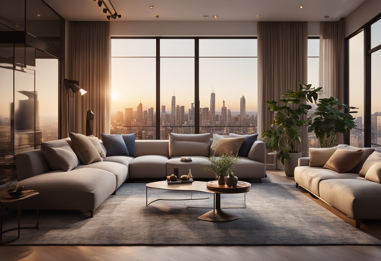 A cozy living room with modern furniture and warm lighting, featuring a stylish rug and a large window with a view of the city skyline