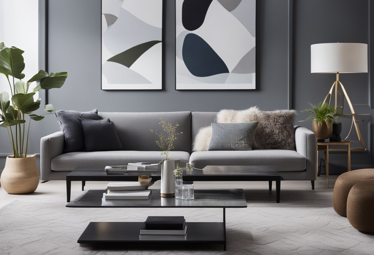 A grey living room with a large, plush sofa, a sleek coffee table, and soft, textured throw pillows. A modern rug and minimalist wall art complete the cohesive design