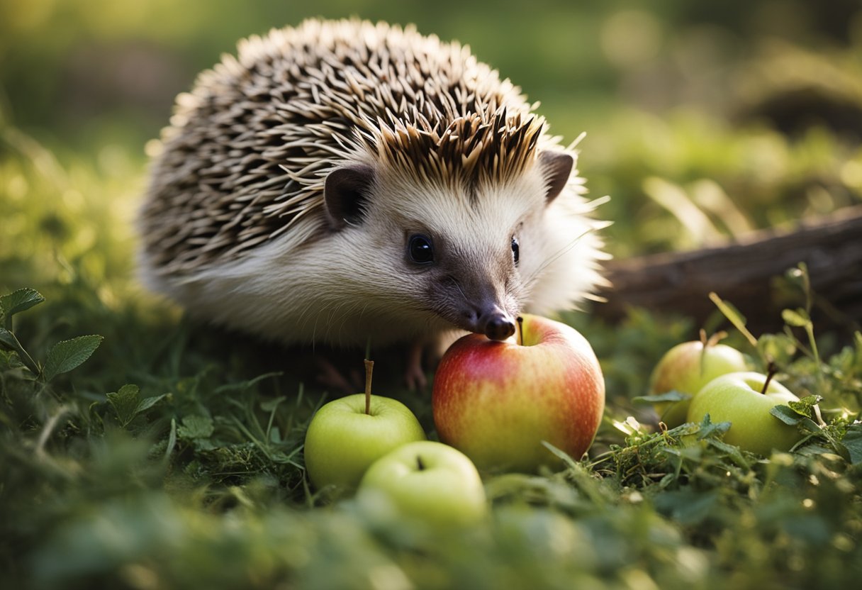 A hedgehog munches on a juicy apple, its little paws holding the fruit while it takes small bites