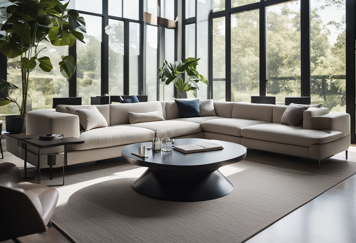A modern sofa faces a sleek entertainment center. Natural light streams in through large windows, illuminating the clean lines and minimalist decor