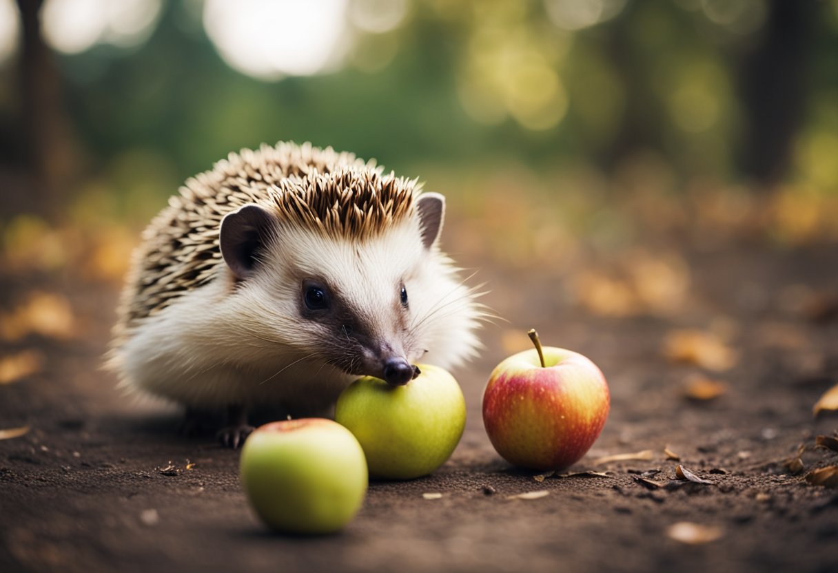 A hedgehog happily munches on a juicy apple, its teeth sinking into the flesh as it enjoys the nutritional benefits of the fruit