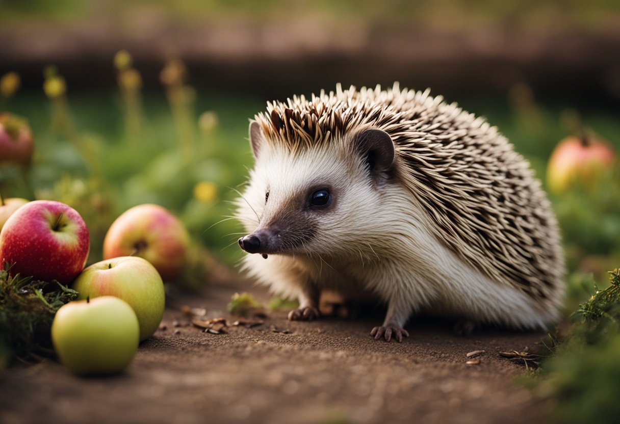 Hedgehogs safely eat apples, a hedgehog nibbles on a slice while others wait nearby