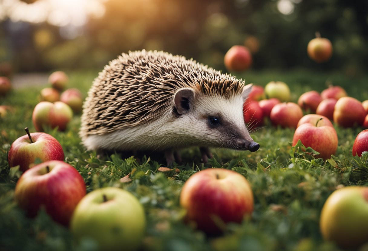 A hedgehog surrounded by scattered apples, sniffing and nibbling on one