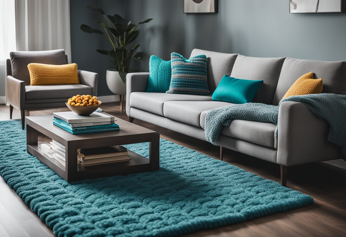 A grey living room with pops of color and texture. A plush, teal rug anchors the space while vibrant throw pillows and a cozy knit blanket add warmth to the sleek, modern furniture