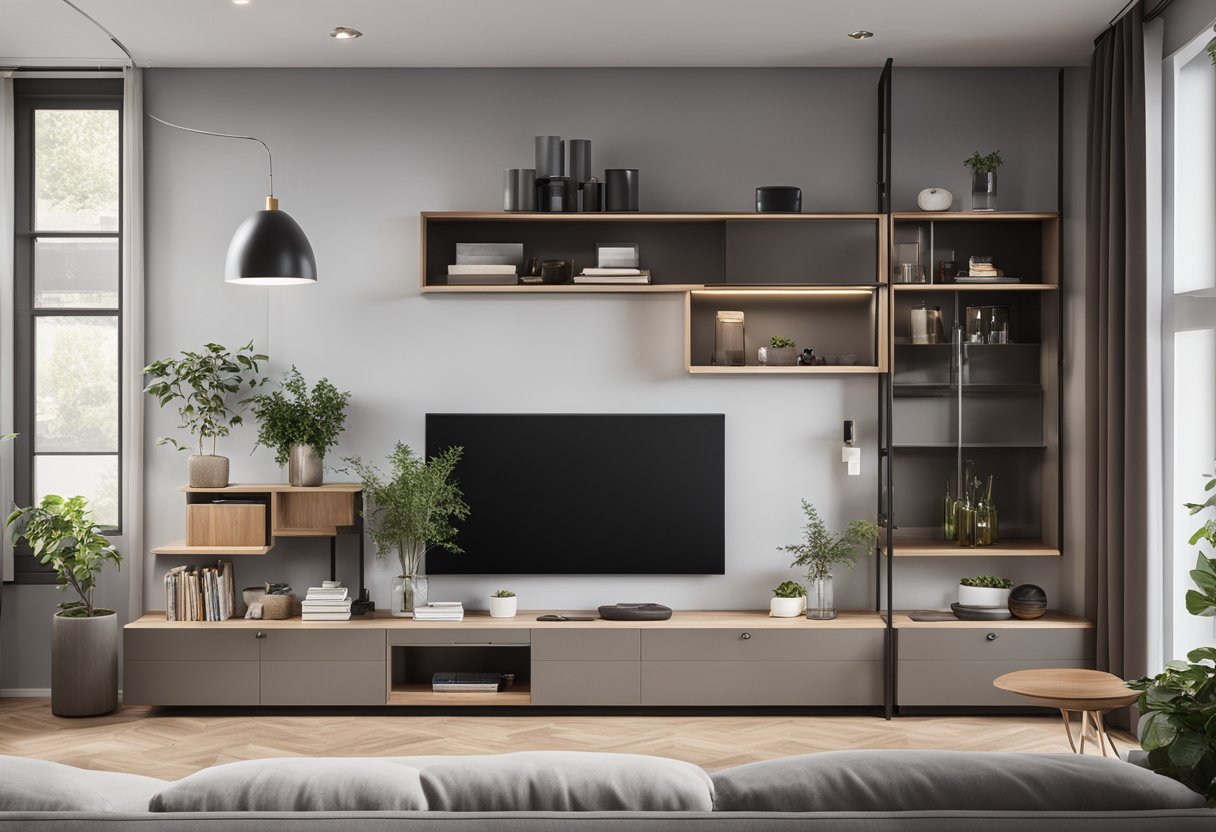 A small living room with a sleek, modern cabinet design, featuring clean lines, minimalistic hardware, and built-in storage solutions