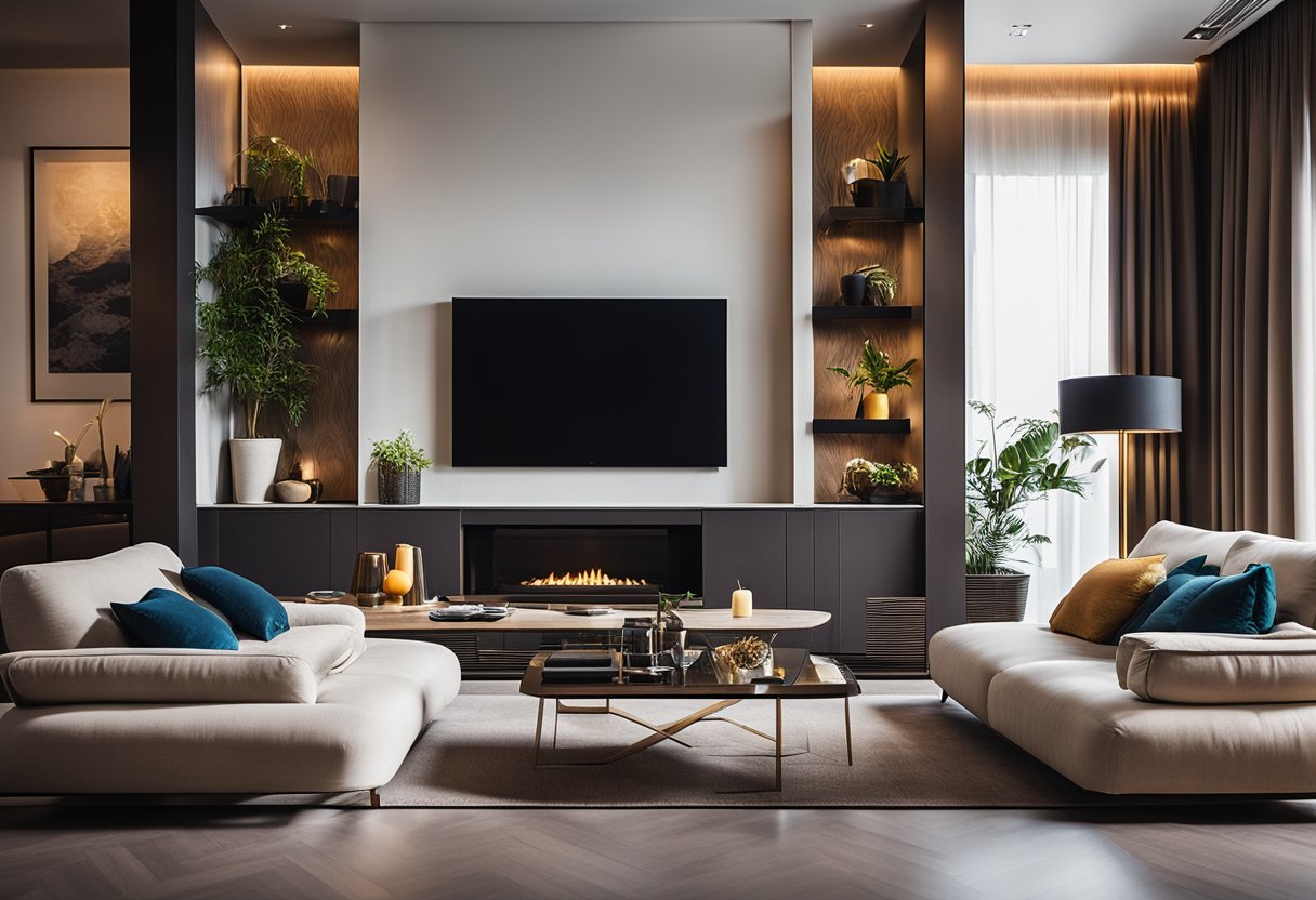 A modern living room with sleek furniture, warm lighting, and vibrant accents, creating a sense of luxury and comfort