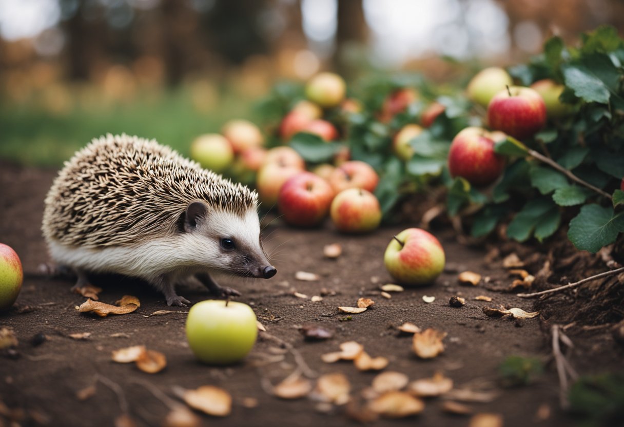A hedgehog surrounded by apples, sniffing and nibbling on one