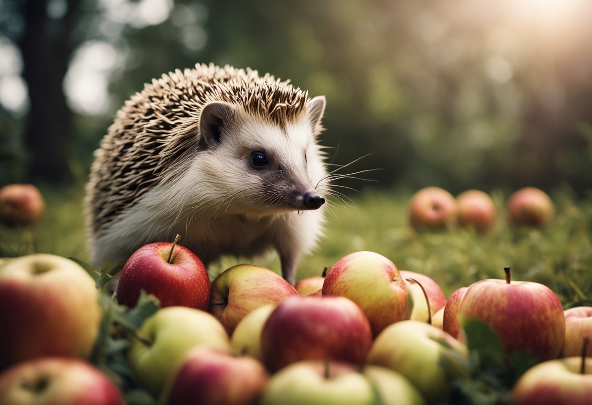 A hedgehog sits next to a pile of apples, sniffing and nibbling on one. A question mark hovers above its head