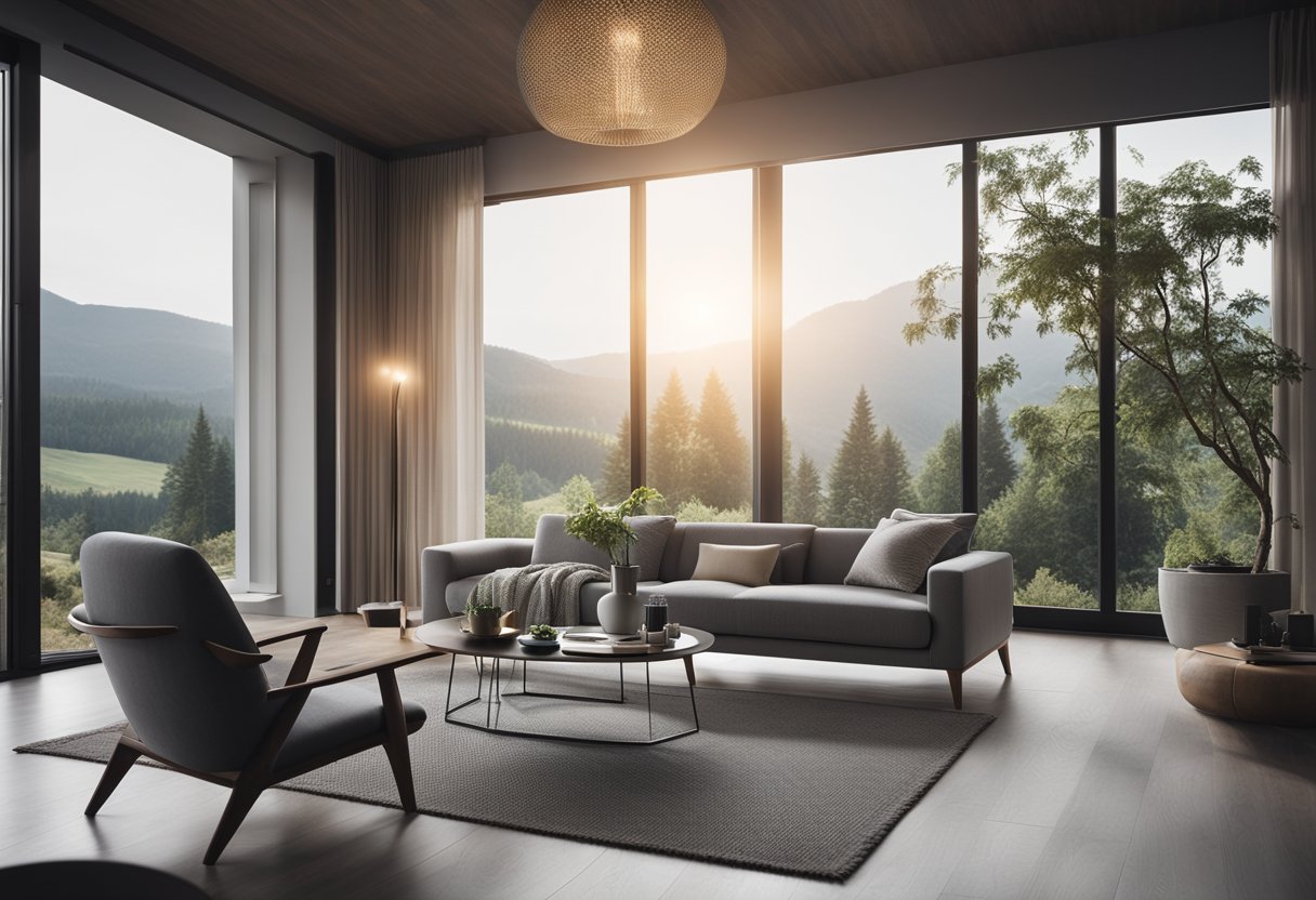 A cozy grey living room with modern furniture, soft lighting, and a large window overlooking a serene outdoor view