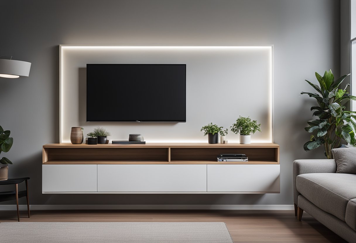 A sleek, wall-mounted cabinet with clean lines and integrated storage solutions, maximizing space in a small living room