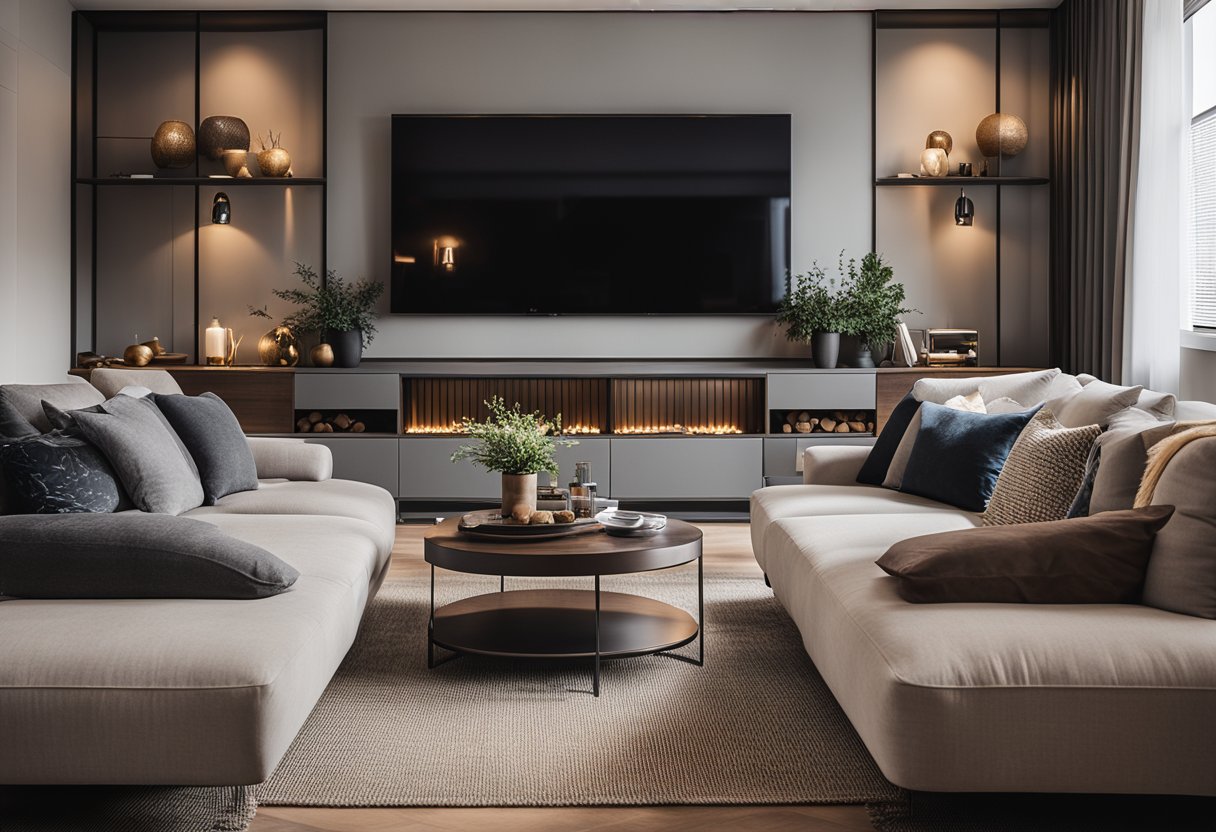 A cozy living room with modern furniture, warm lighting, and stylish decor. A sleek, minimalist design with pops of color and natural elements