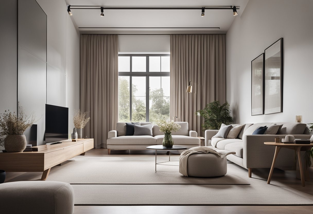 A modern living room with sleek furniture, clean lines, and a neutral color palette. Large windows let in natural light, and there are minimalistic decor and a cozy rug