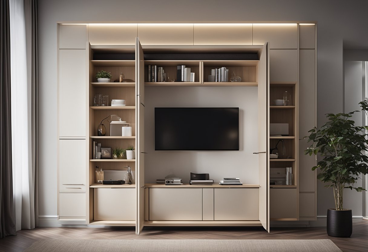 A sleek, space-saving cabinet with adjustable shelves and hidden compartments, nestled against a wall in a cozy, clutter-free living room