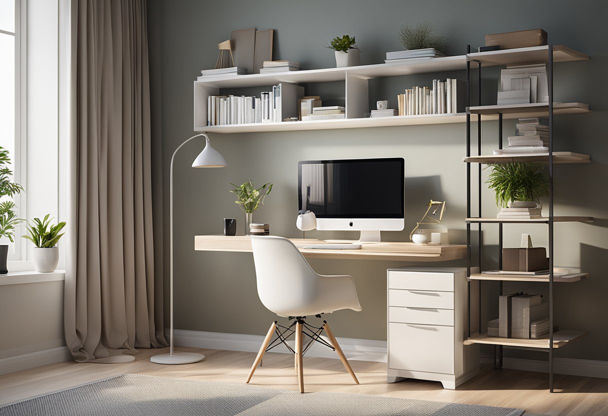 A sleek study table sits against the wall in a well-lit master bedroom. Organized shelves and a comfortable chair complete the stylish and productive study area