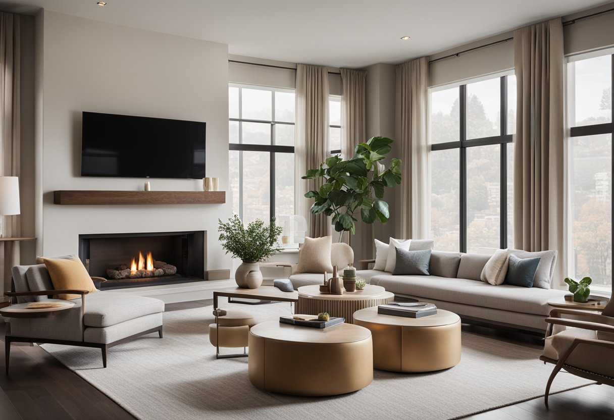 A spacious living room with a modern fireplace, large windows, and comfortable seating arranged around a central coffee table. A neutral color palette with pops of color in the accent pieces