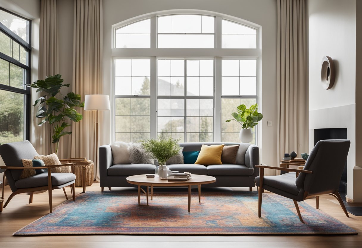 A spacious living room with a modern sofa, coffee table, and armchairs arranged around a fireplace. Large windows let in natural light, and a colorful rug adds warmth to the hardwood floors