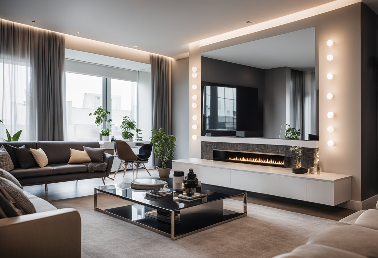 A modern designer mirror hangs above a sleek fireplace in a stylish living room