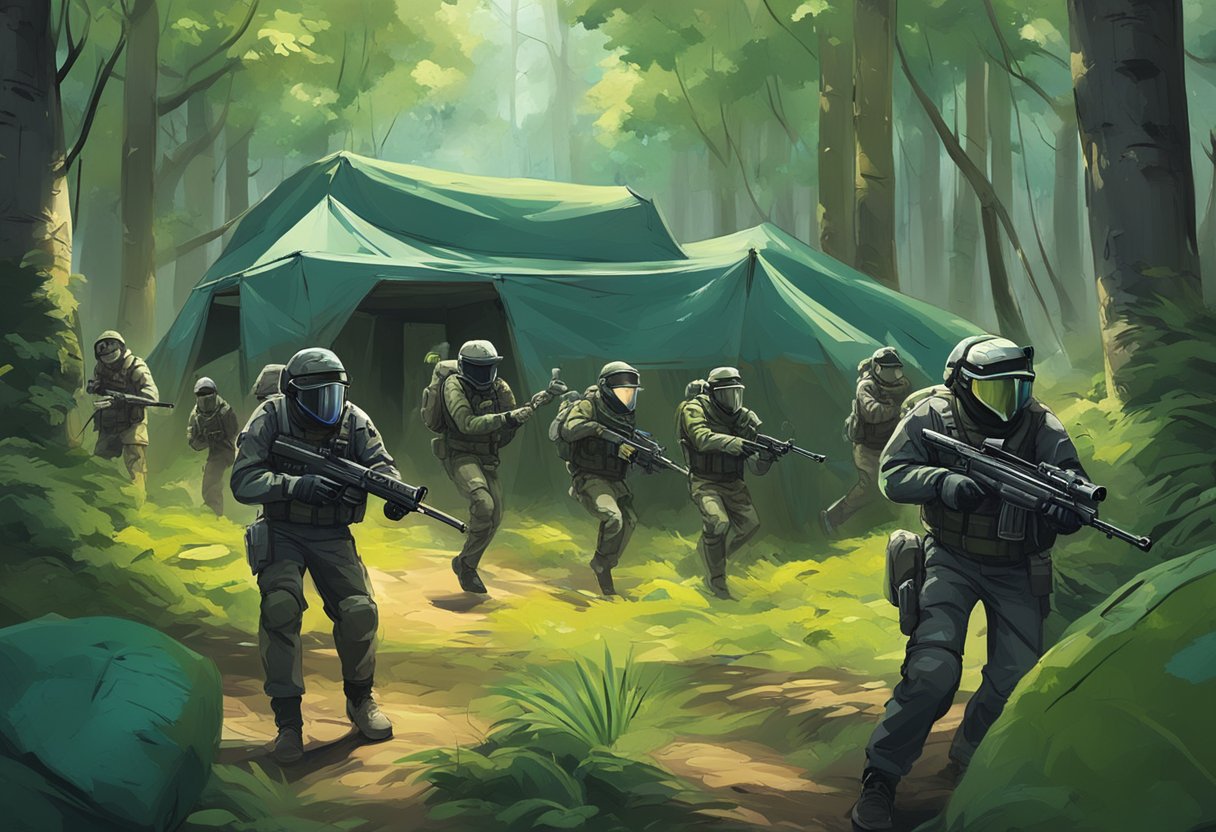 Players in full gear navigate through a forest, dodging obstacles and firing paintball guns. Meanwhile, others strategize and take cover in an indoor arena, filled with inflatable bunkers and neon lights