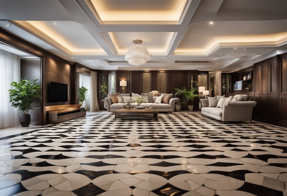 A living room with elegant, intricate tile patterns in a symmetrical layout, featuring rich colors and a polished finish