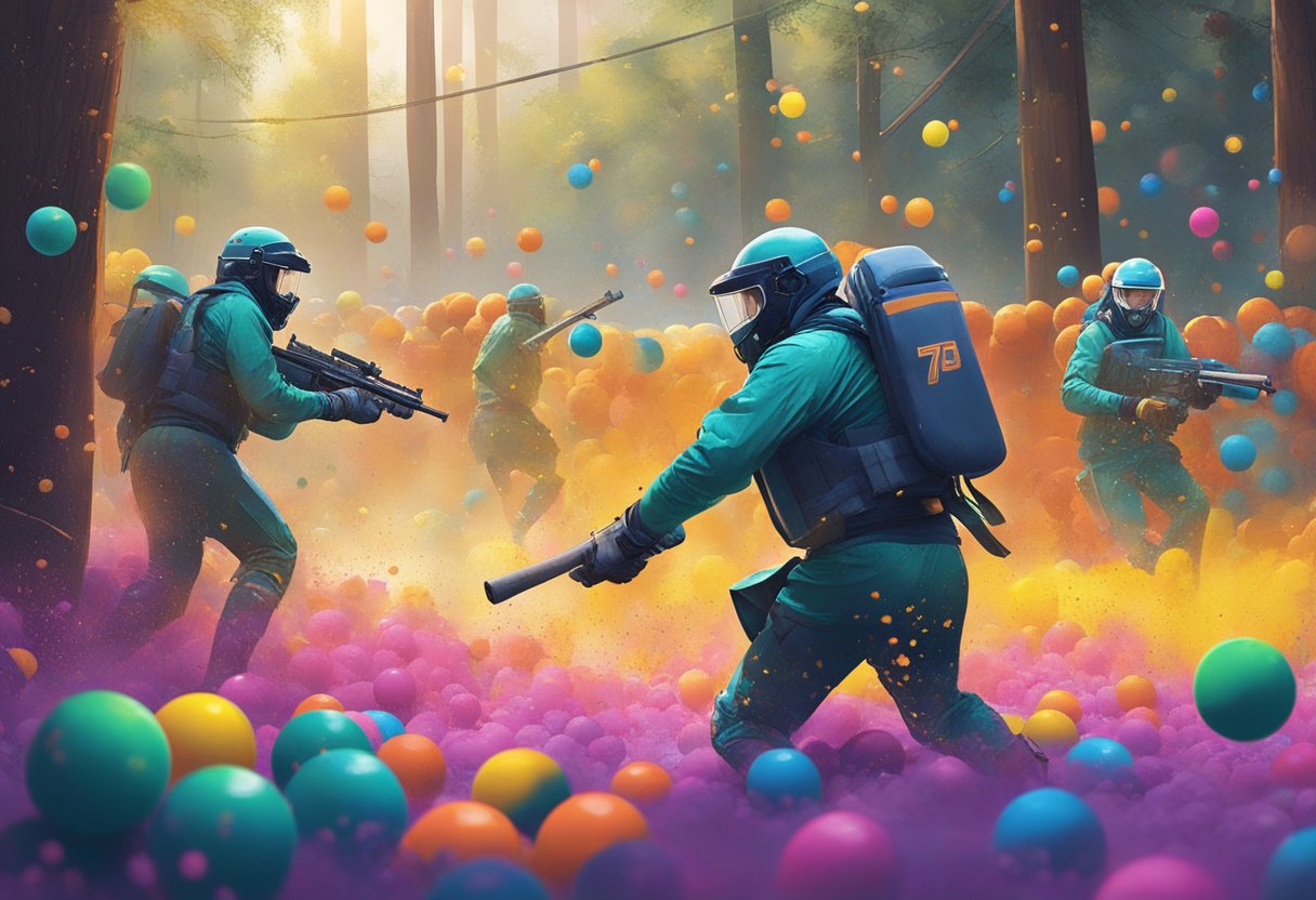 Players in protective gear navigate obstacles, hiding behind barriers in a dimly lit indoor arena. Brightly colored paintballs fly through the air, splattering on the walls and ground. Outdoor players move through wooded terrain, ducking behind trees and taking cover