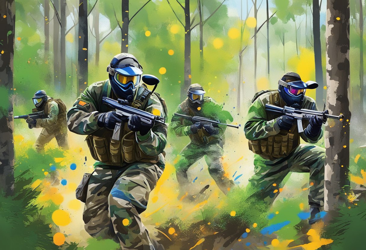 Players in camouflage gear navigate through a wooded paintball course, taking cover behind trees and barriers. The bright splatter of paintballs contrasts against the natural greenery