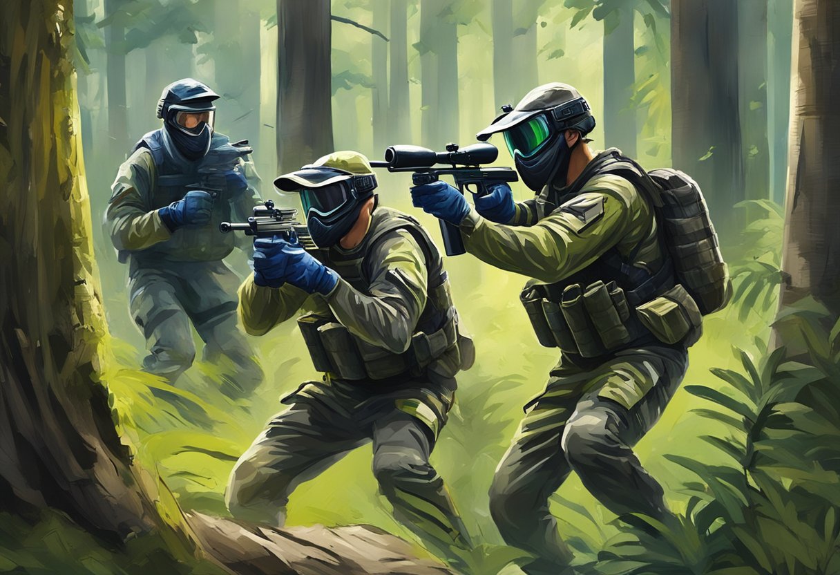 Players engage in intense paintball battles, dodging obstacles and taking cover in a dense outdoor forest setting. The indoor scene features close-quarter combat with artificial barriers and obstacles