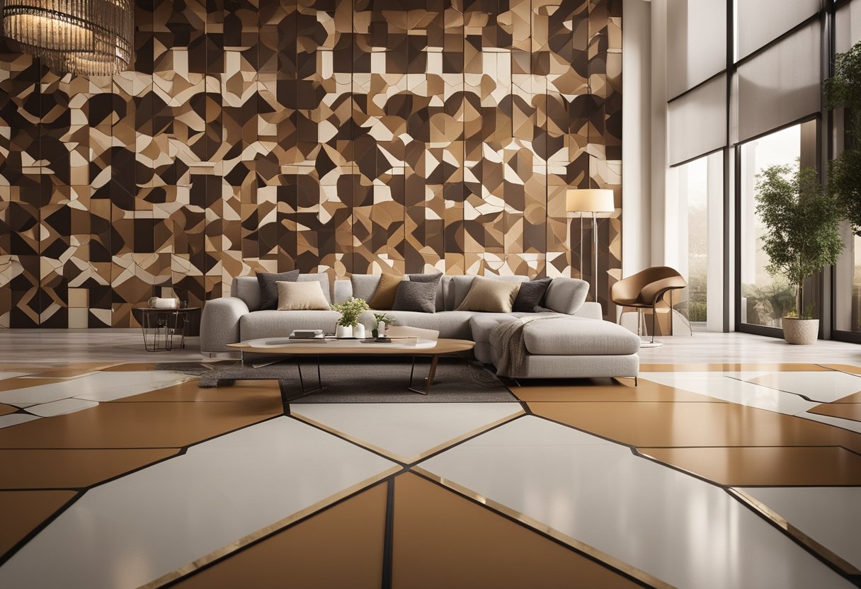 A spacious living room with elegant, patterned tiles in warm earth tones. The design features intricate geometric shapes and a glossy finish