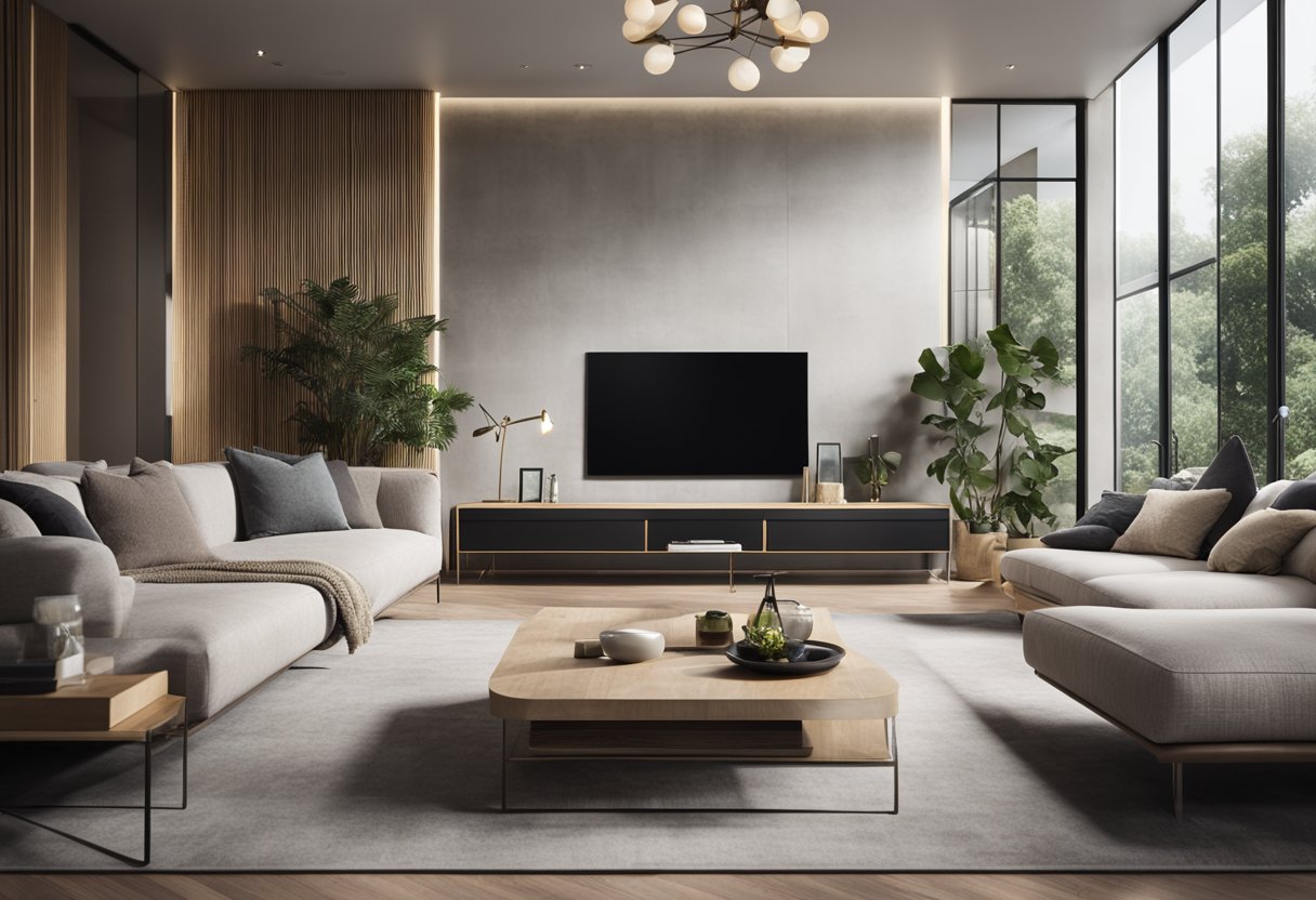 A modern living room with a large wall space. A sleek, designer mirror is positioned at eye level, reflecting the room's natural light and creating a sense of spaciousness