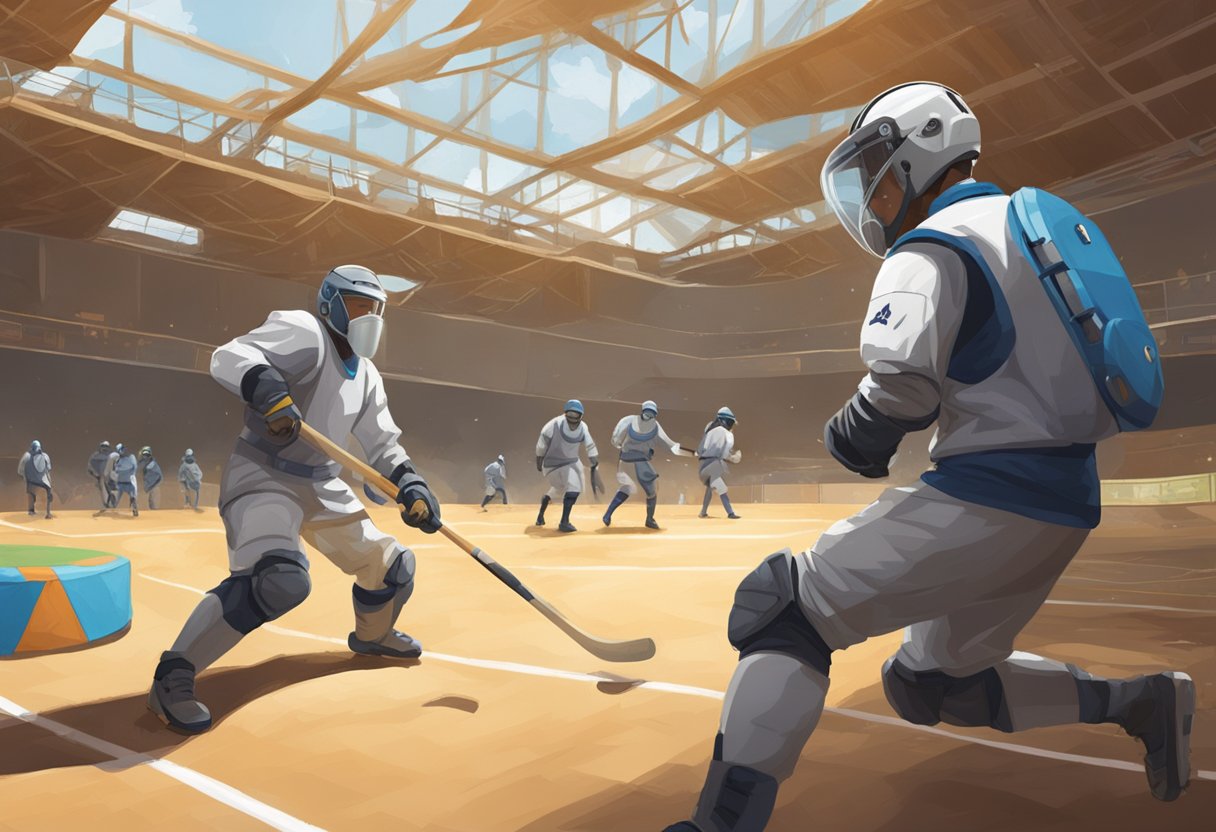 Players in protective gear strategize in an indoor arena, while others navigate through natural obstacles in an outdoor field