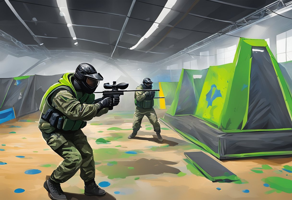 Players engage in intense paintball battles, dodging and firing in both indoor and outdoor settings. The indoor arena is filled with obstacles and fluorescent lighting, while the outdoor field features natural terrain and strategic cover
