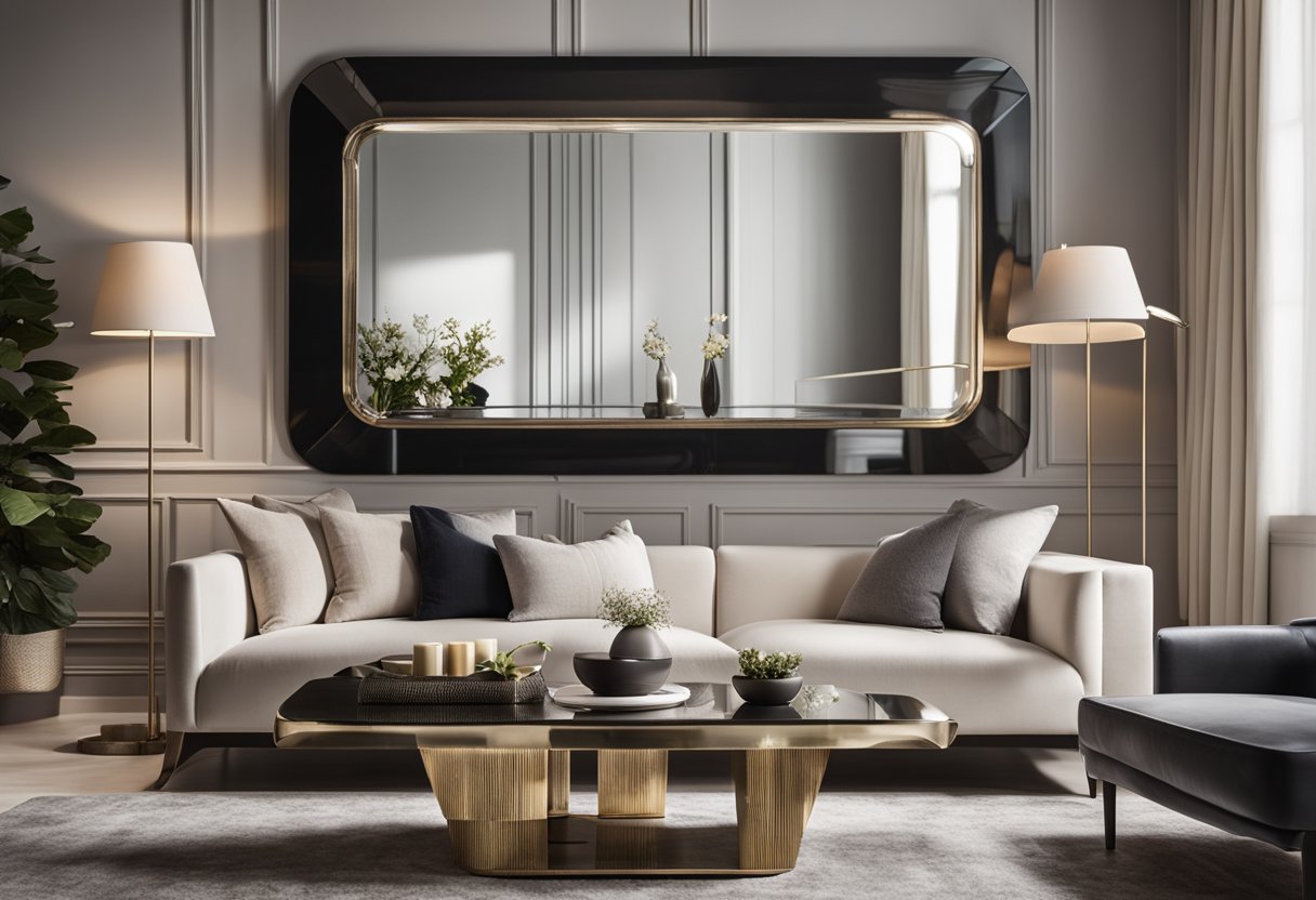 A sleek, modern mirror hangs on the wall of a stylish living room, reflecting the elegant decor and adding a touch of sophistication to the space