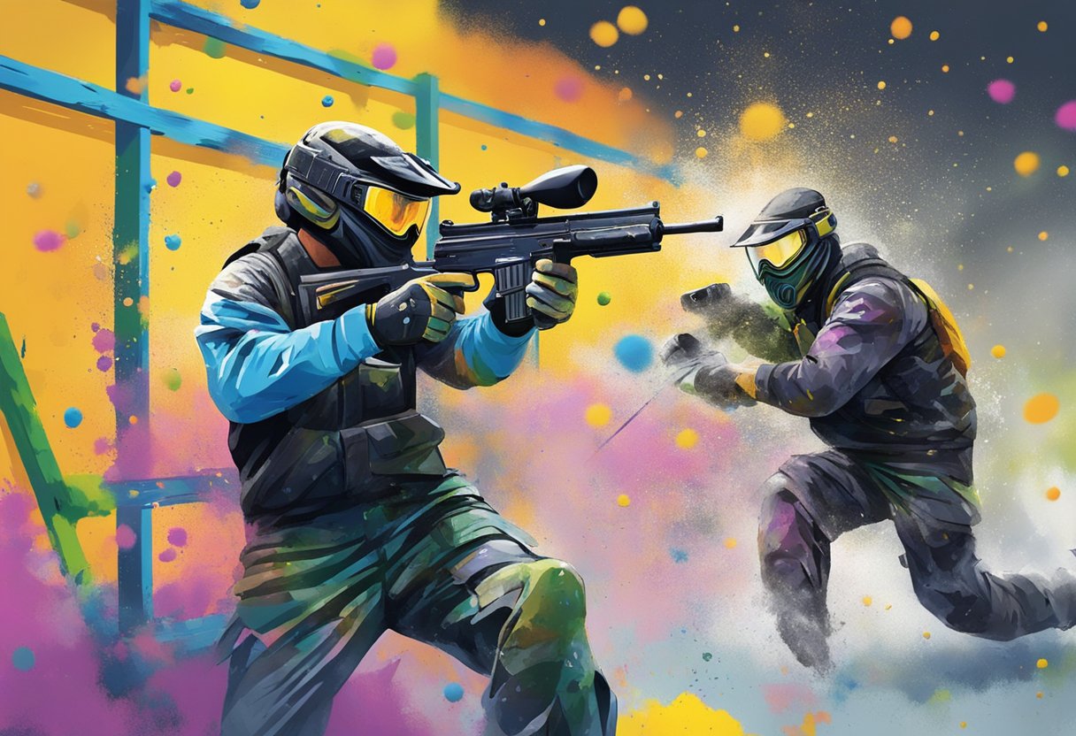 Players engage in intense paintball battles, indoors and outdoors. Brightly colored paint splatters across obstacles and structures, creating an adrenaline-fueled scene