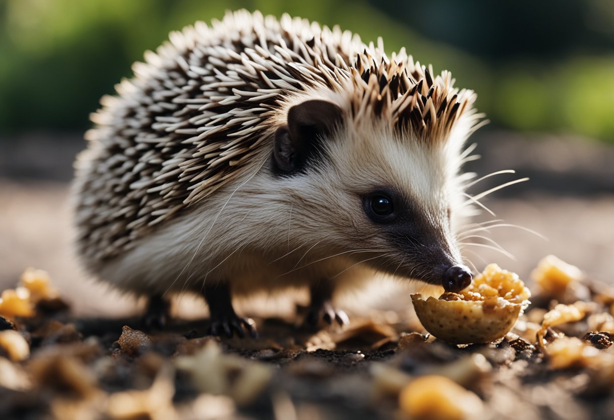 A hedgehog eagerly munches on mealworms, its sharp teeth tearing through the crunchy exoskeletons as it savors the tasty treat