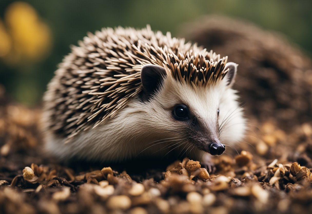 A hedgehog eagerly munches on mealworms, its small paws grasping the wriggling insects. The nutritious snack provides essential protein for the hedgehog's diet
